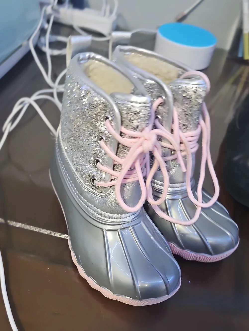 fabkids Silver Glitter Duck Boots with Pink Laces and Trim